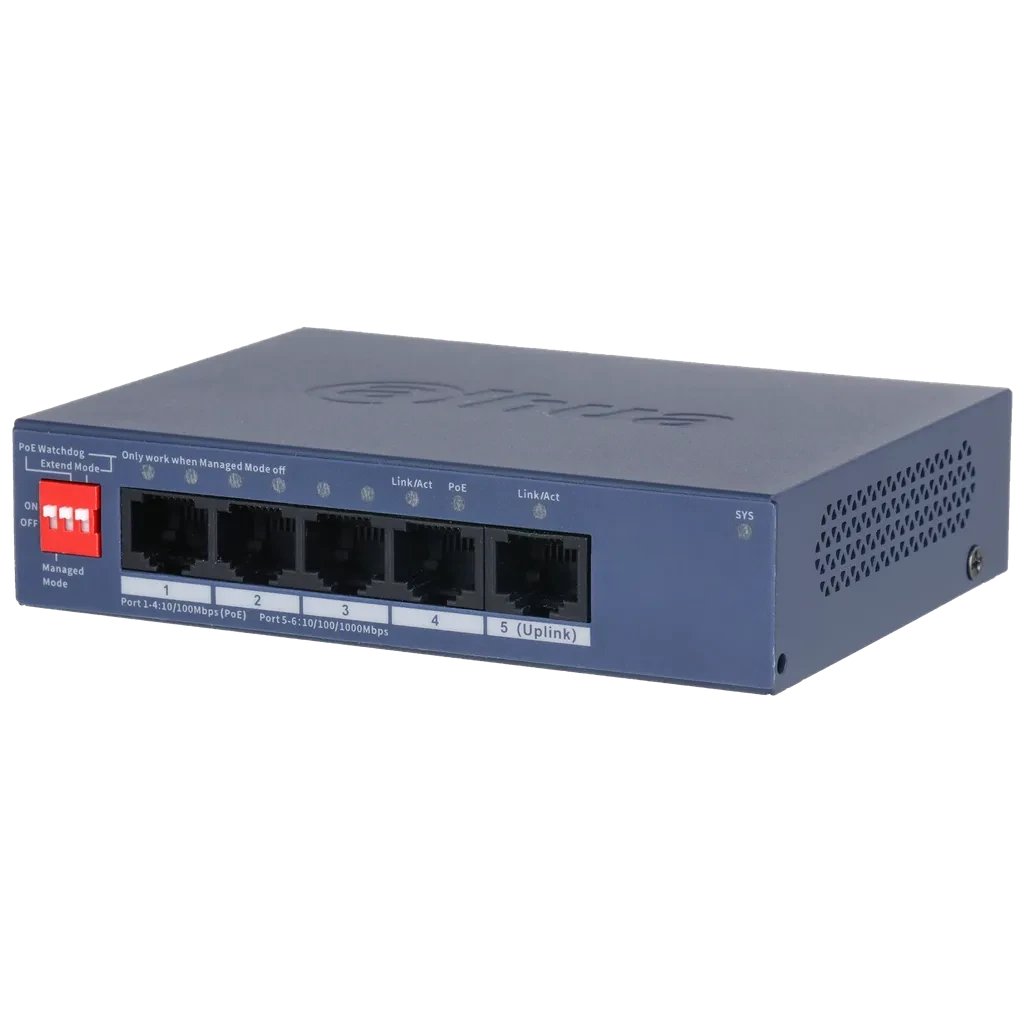 Switch 5 Puertos Cloud 4 puertos 10/100 Mbps PoE 1 puerto 10/100/1000 Mbps DH-CS4005-4ET1GT-36 Dahua